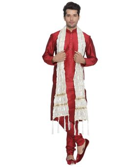 Vastramay - Men Maroon Silk Blend Kurta, Pyjama & Dupatta (Set of 3)