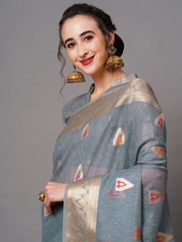 Sareemall - Grey Festive Silk Blend Woven Design Saree with Unstitched