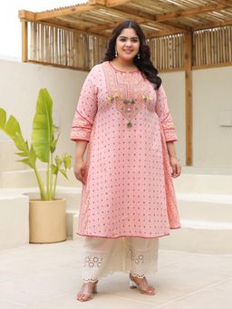 Juniper - Pure Cotton Pink Tribal Multicolour Printed Plus Size A-Line Kurta