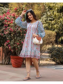 Juniper - Blue Floral Printed Pure Cotton Short Dress with Sequence Work