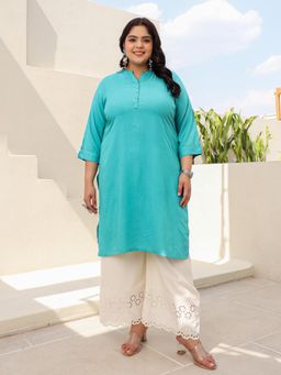 Juniper - Teal Plus Size Straight Kurta Crafted with Rayon Fabric