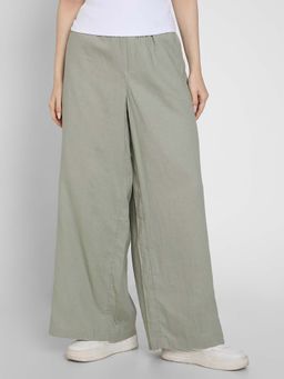 American Eagle - Women Green Linen-Blend Pull-On Pant