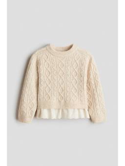H&M - Girls Beige Broderie Anglaise-Trimmed Cable-Knit Jumper