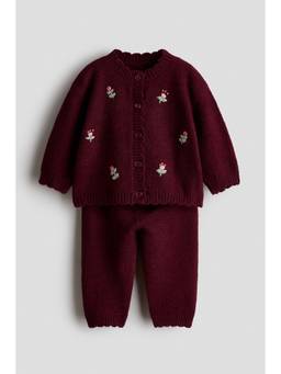 H&M - Girls Red 2-Piece Embroidery-Detail Fine-Knit Cardigan and Trouser