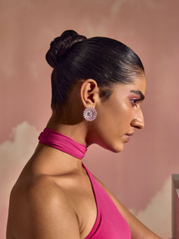 MISS JO - Pink Peacock Plume Round Studs Earrings