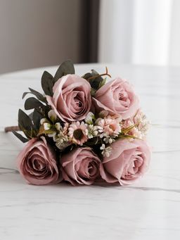 Aarvi Decor - Light Pink Rose Silk Bunch Single Stem Flower