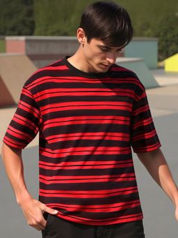 Bewakoof - Men's Red Striped Oversized T-shirt