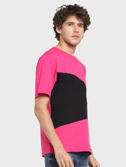 Bewakoof - Men's Pink & Black Color Block Oversized T-shirt
