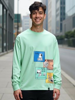 Bewakoof - Official Peanuts Men's Green Snoopy Stripboard Graphic Printed Oversized T-shirt