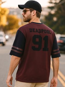 Bewakoof - Official Marvel Men's Maroon Dead Pool Jersey Graphic Printed Oversized T-shirt