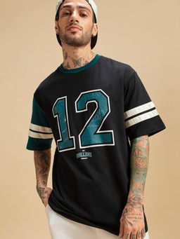 Bewakoof - Men's Black Varsity 12 Typography Oversized T-shirt