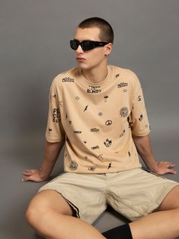 Bewakoof - Men's Brown Take it Easy All Over Printed Oversized T-shirt