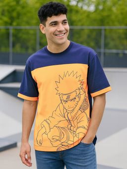 Bewakoof - Official Naruto Men's Blue & Orange Ninja Way Graphic Printed Oversized T-shirt