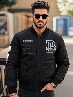Bewakoof - Men's Black Error Typography Oversized Bomber Jacket