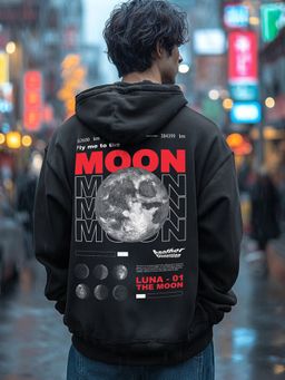 Bewakoof - Official Nasa Men's Black Fly Me To The Moon Graphic Printed Oversized Hoodies