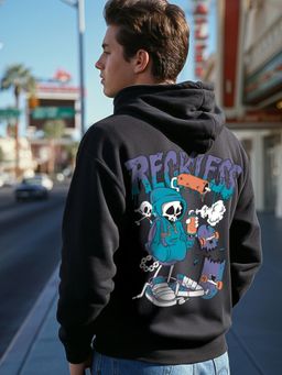 Bewakoof - Men's Black Reckless Graphic Printed Oversized Hoodies