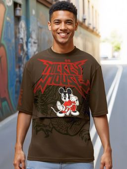 Bewakoof - Men's Brown Split Graphic Printed Oversized T-shirt