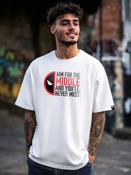 Bewakoof - Official Marvel Men's White Aim For Middle Graphic Printed Oversized T-shirt