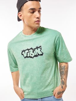 Bewakoof - Men's Green Vibin Graphic Printed Oversized Acid Wash T-shirt