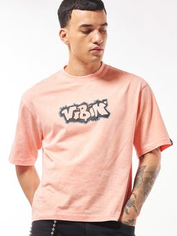 Bewakoof - Men's Peach Vibin Graphic Printed Oversized Acid Wash T-shirt