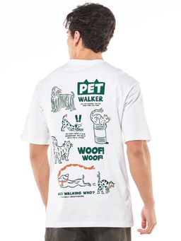 Bewakoof - Men's White Pet Walker Graphic Printed Oversized T-shirt