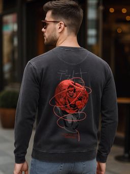 Bewakoof - Men's Black Deathnote Ryuk Graphic Printed Acid Wash Sweatshirt