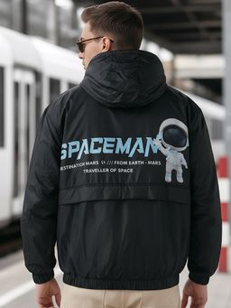 Bewakoof - Men's Black Nasa Graphic Printed Oversized Bomber Jacket