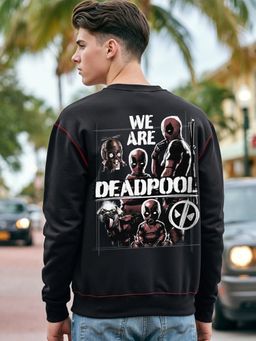 Bewakoof - Official Marvel Men's Jet Black Deadpool Graphic Printed Oversized Sweatshirt