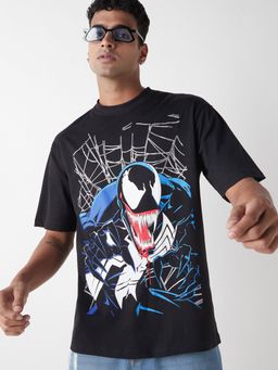 Bewakoof - Official Marvel Men's Black Lethal Protector Graphic Printed Oversized T-shirt
