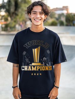 Bewakoof - Men's Navy Blue World Champion Graphic Printed Oversized T-shirt