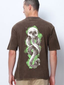 Bewakoof - Official Harry Potter Men's Brown Death Mark Graphic Printed Oversized Acid Wash T-shirt