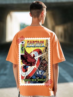 Bewakoof - Official Marvel Men's Orange Captain Graphic Printed Oversized T-shirt