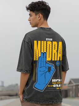 Bewakoof - Men's Black Mudra Graphic Printed Oversized Acid Wash T-shirt