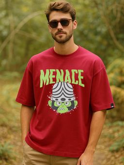 Bewakoof - Official Cartoon Network Men's Salsa Red Men'sace Graphic Printed Oversized T-shirt