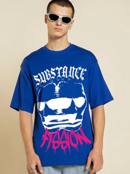 Bewakoof - Men's Blue Substance Graphic Printed Oversized T-shirt