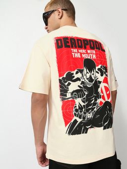 Bewakoof - Official Marvel Men's Off White Dead Pool Graphic Printed Oversized T-shirt