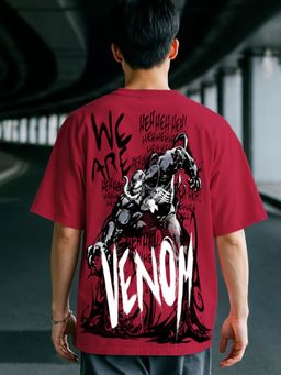 Bewakoof - Official Marvel Men's Salsa Red We Venom Graphic Printed Oversized T-shirt