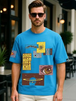 Bewakoof - Men's Blue Dimag Mat Kha Graphic Printed Oversized T-shirt