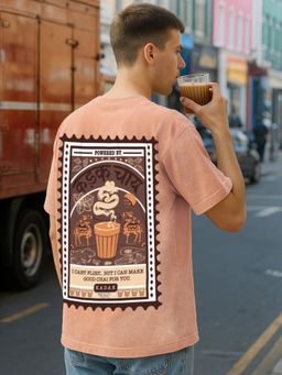 Bewakoof - Men's Caramel Orange Kadak Chai Graphic Printed Oversized Acid Wash T-shirt