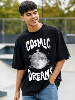 Bewakoof - Men's Jet Black Cosmic Dreams Graphic Printed Oversized T-shirt