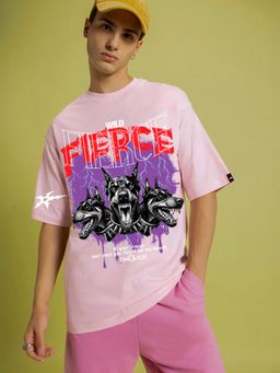 Bewakoof - Men's Pink Doberman Graphic Printed Oversized T-shirt