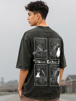 Bewakoof - Men's Black Kahani Graphic Printed Oversized Acid Wash T-shirt