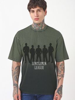 Bewakoof - Men's Green Gentlemen League Graphic Printed Oversized Ombre Acid Wash T-shirt