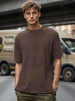 Bewakoof - Men's Brown Oversized Acid Wash T-shirt
