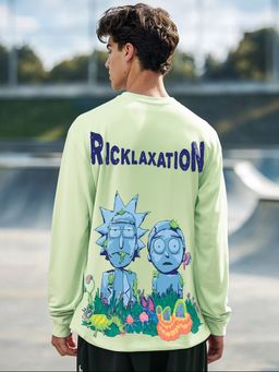 Bewakoof - Men's Green Stoned Rick and Morty Graphic Printed Oversized T-shirt