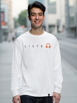 Bewakoof - Men's White Keep Listening Typography Oversized T-shirt