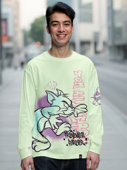 Bewakoof - Official Tom & Jerry Men's Green Frenemies Forever 02 Graphic Printed Oversized T-shirt