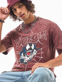 Bewakoof - Official Marvel Men's Brick Red Veom Web Graphic Printed Oversized Acid Wash T-shirt