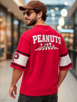 Bewakoof - Official Peanuts Men's Red Graphic Printed Oversized Sweatshirt