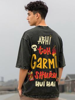 Bewakoof - Men's Black Hot Headed Graphic Printed Oversized Acid Wash T-shirt
